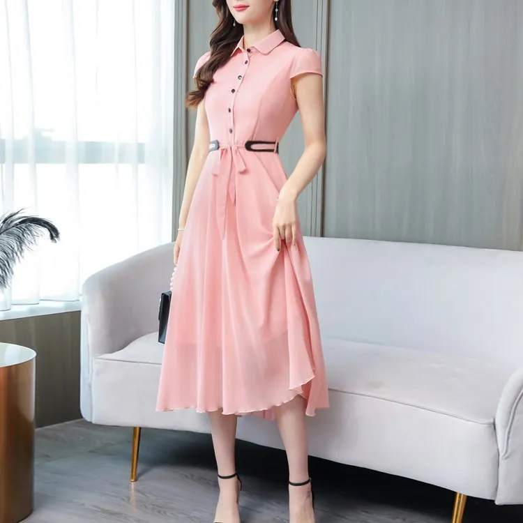 

2019 Plus Size M-4Xl Summer New Arrival Turn-Down Collar Short Sleeve Dresses Solid Color Female Chiffon Long Dresses