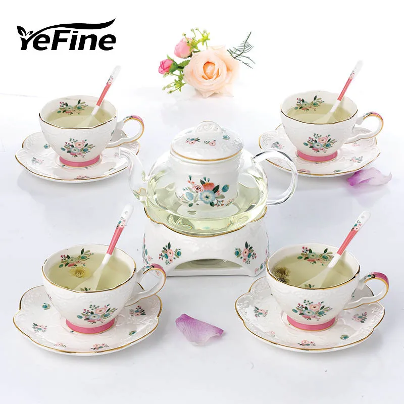 

YeFine Tea Set European Afternoon Tea Heat-resisting Glass Teapot Household Cooking Bubbles Fruit Tea Relief Ceramic Teacup