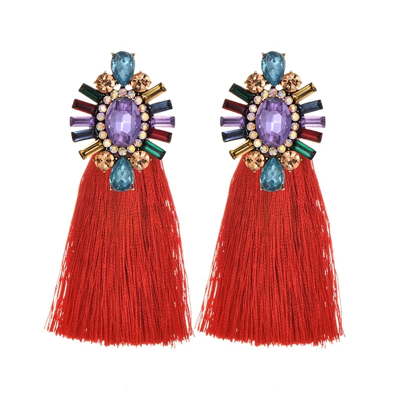 22 Colors Blue Long Tassel Earrings For Women Vintage Crystal Drop Earrings For Wedding Fashion Statement Jewelry - Окраска металла: purple red