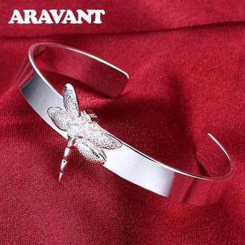 

Fashion 925 Silver Dragonfly Open Cuff Bracelet Bangle For Women Wedding Party Silver Jewelry