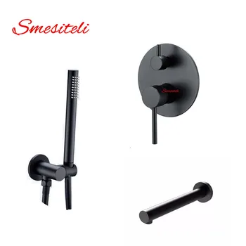 Smesiteli Luxury 20 Yr Warranty Copper Matte Black Round Handheld Shower Head Set+Waterfall Spout+Mixer Tap Diverter Kit smesiteli classic style all copper round handheld shower head pvc hose connector adjustable wall holder black matte black finish
