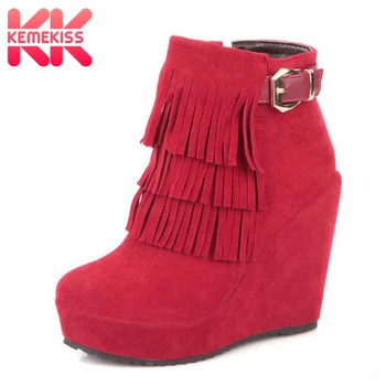

KemeKiss Sexy Women High Wedges Boots Fringes Buckle Platform Shoes Women Warm Ankle Boots Fashion Party Shoes Size 33-40