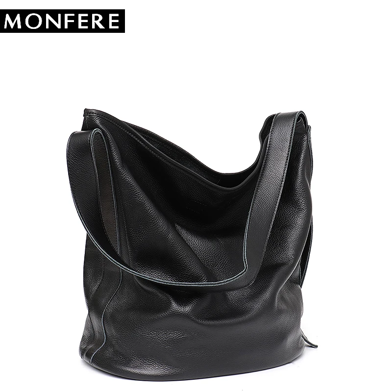 

MONFERE Large Capacity Casual Leather Bag for Lady Soft Real Genuine Leather Women Handbags Female Hobo Shoulder&Crossbody Bag