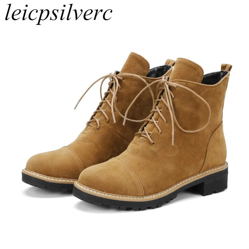 

Women Boots Autumn Winter Med Heel Warm Flock Ankle Lace Up Chelsea Motorcycle Shoes 2018 Sexy New Fashion Casual Black Brown