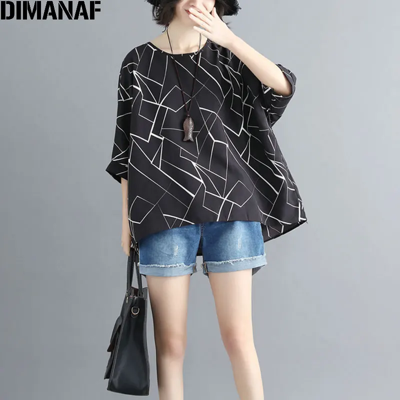 

DIMANAF Women T-Shirt Summer Plus Size Chiffon Batwing Soft Oversized Print Striped Basic Tops Female Casual Loose Tees Shirt