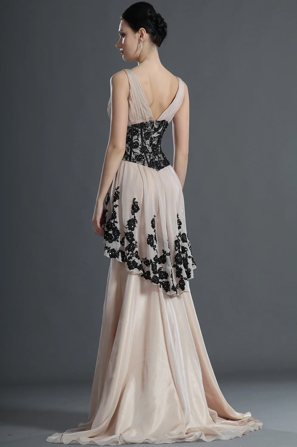 Tank-A-Line-V-neckline-Sweep-Train-Champagne-Chiffon-Black-Lace-Women-s-Formal-Evening-Dress (3)