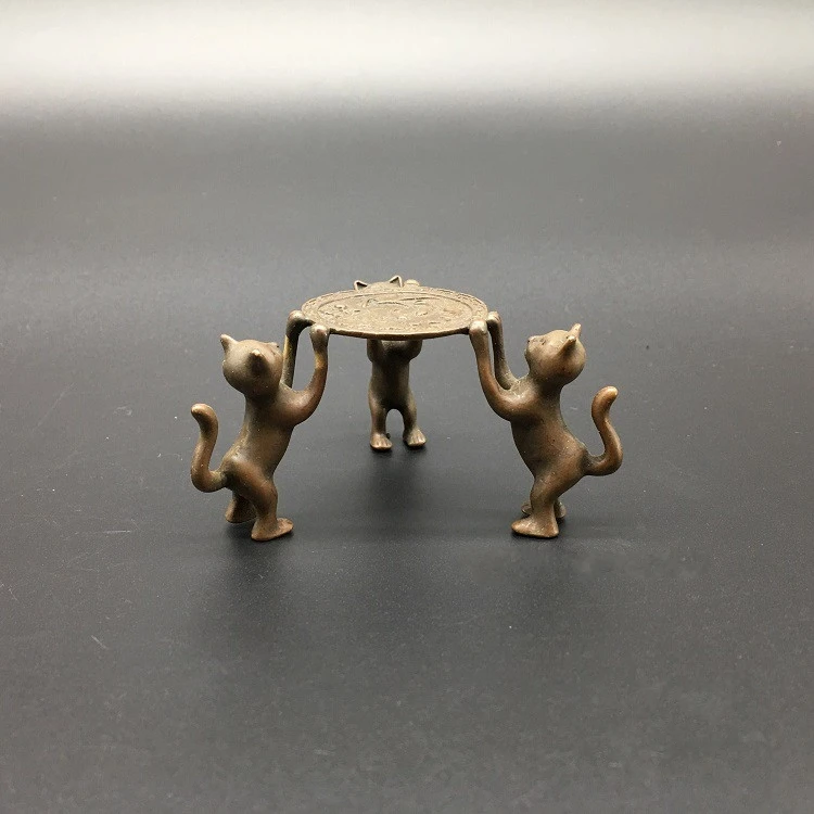 

Collection Chinese Brass Carved Tea Ceremony Pot Seat Cup Seat Animal Lovely Cats Incense Stand Exquisite Small Statues