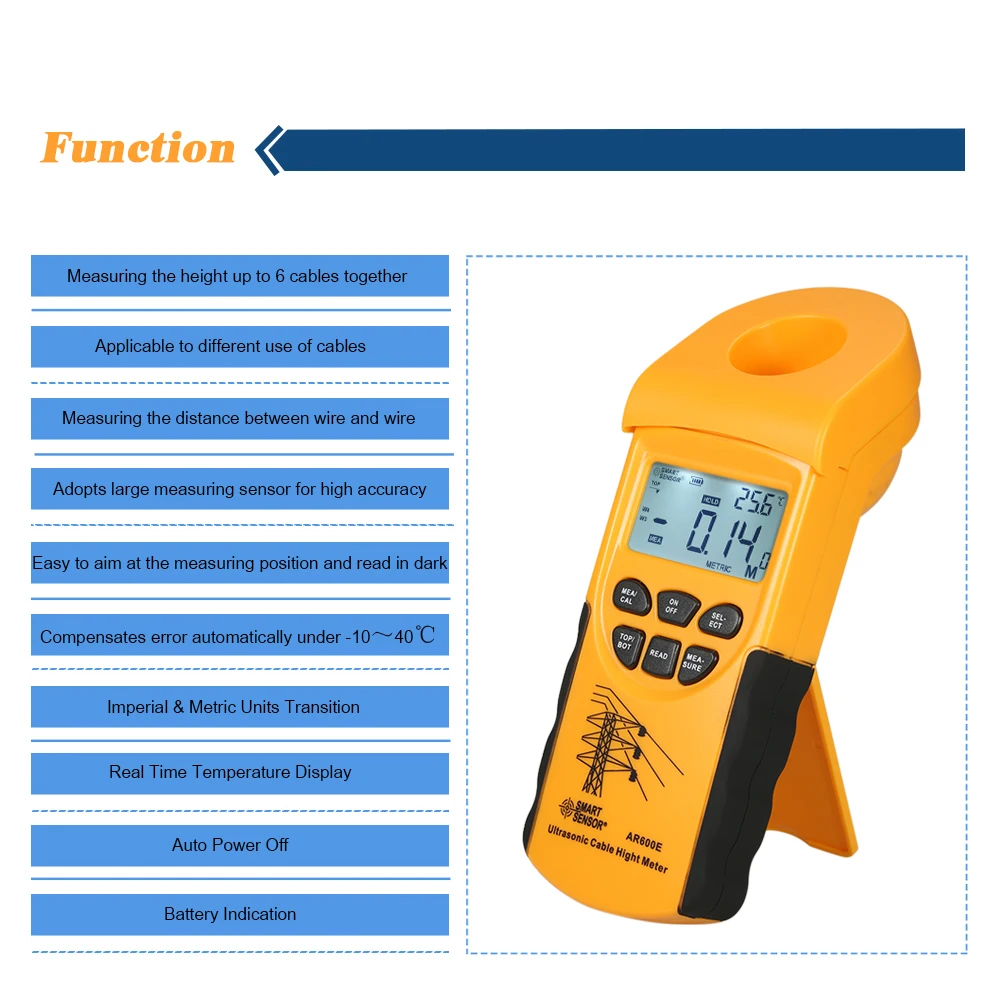 AR600E Ultrasonic Cable Height Meter 6 Cables Measurement Handheld LCD display Measuring Range( Height 3-23m,Plane 3-15m