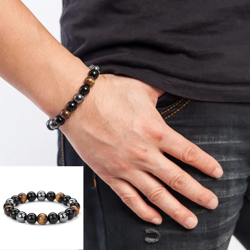 Adjustable Natural Stone Bracelets Tiger Eye Beaded Hematite Stone Elastic About8mm/10mm Beads Strand Wrap Buddha Bracelet 1PC