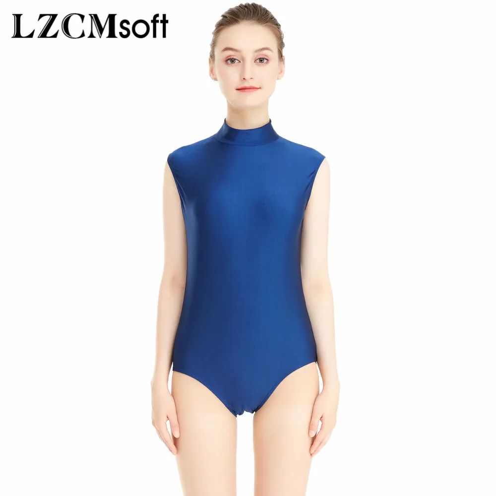 

LZCMsoft Women's Mock Neck Ballet Dance Leotards Sleeveless Lycra Spandex Gymnastics Unitards Girls Nave Blue Dance Wear