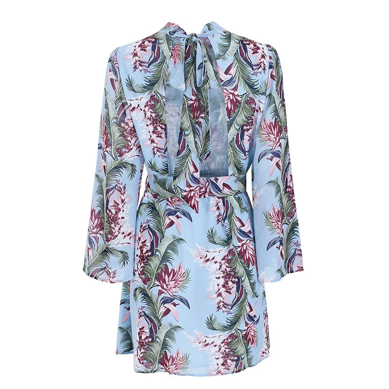 BONGOR LUSS Women Summer Dress Sexy Back Deep V-Neck Flare Sleeves Casual Mini Dresses Floral Print Dress With Sashes Bowtie (10)