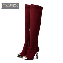 MLJUESE/ г. Женские сапоги до колена теплые зимние сапоги из коровьей замши высокие сапоги на толстом каблуке с плюшевой подкладкой винно-красного цвета размеры 34-39
