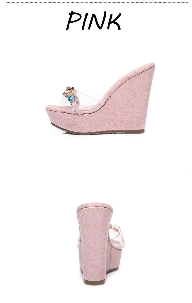16_New 2018 Wedges Slippers Female Summer Fashion High-heeled Platform Rhinestones Small Size Shoes Pink White Black