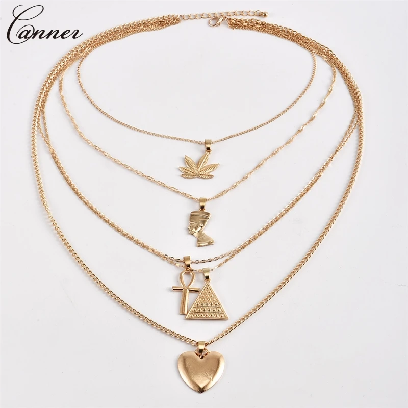 

Multi Layered Necklace Women Exaggerated Metal Maple Leaf Cross Love Heart Necklaces Pendants Gold Long Necklace Punk Jewelry Q4