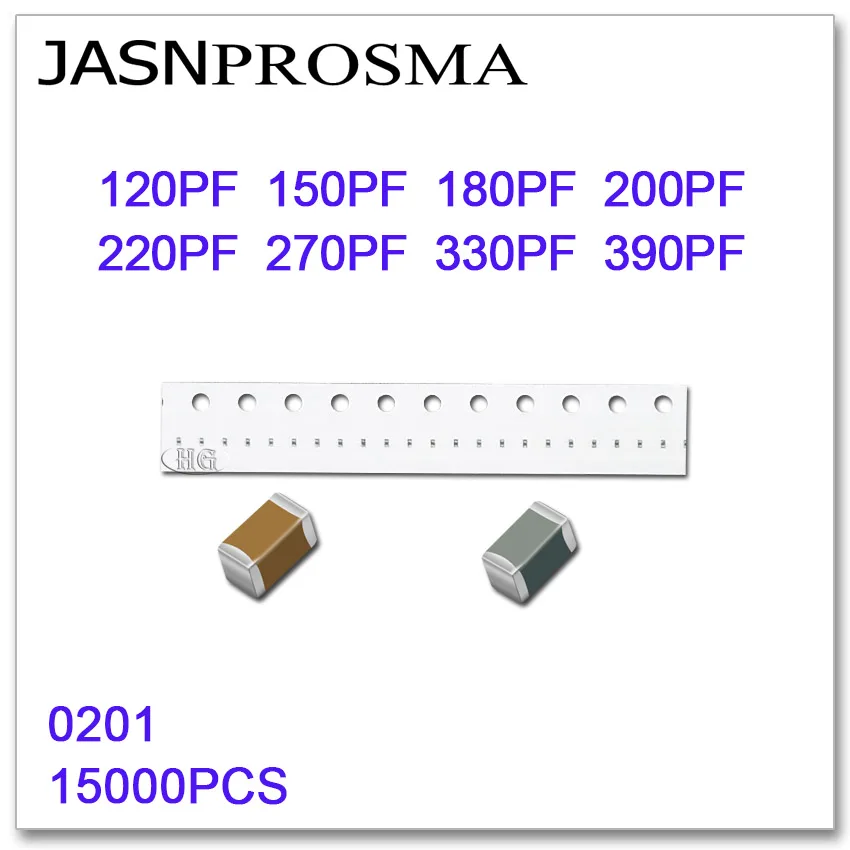 JASNPROSMA 15000 шт 0201 0603 50 V 5% 120PF 150PF 180PF 200PF 220PF 270PF 330PF 390PF SMD, высокое качество новый товар конденсаторы J