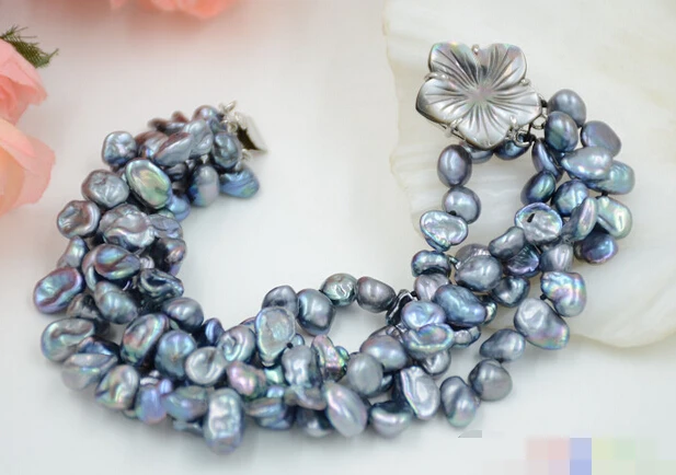 

Hot sell ->@@ > 01284 4row 8" black lamina BAROQUE KESHI REBORN PEARL bracelet -Top quality free shipping