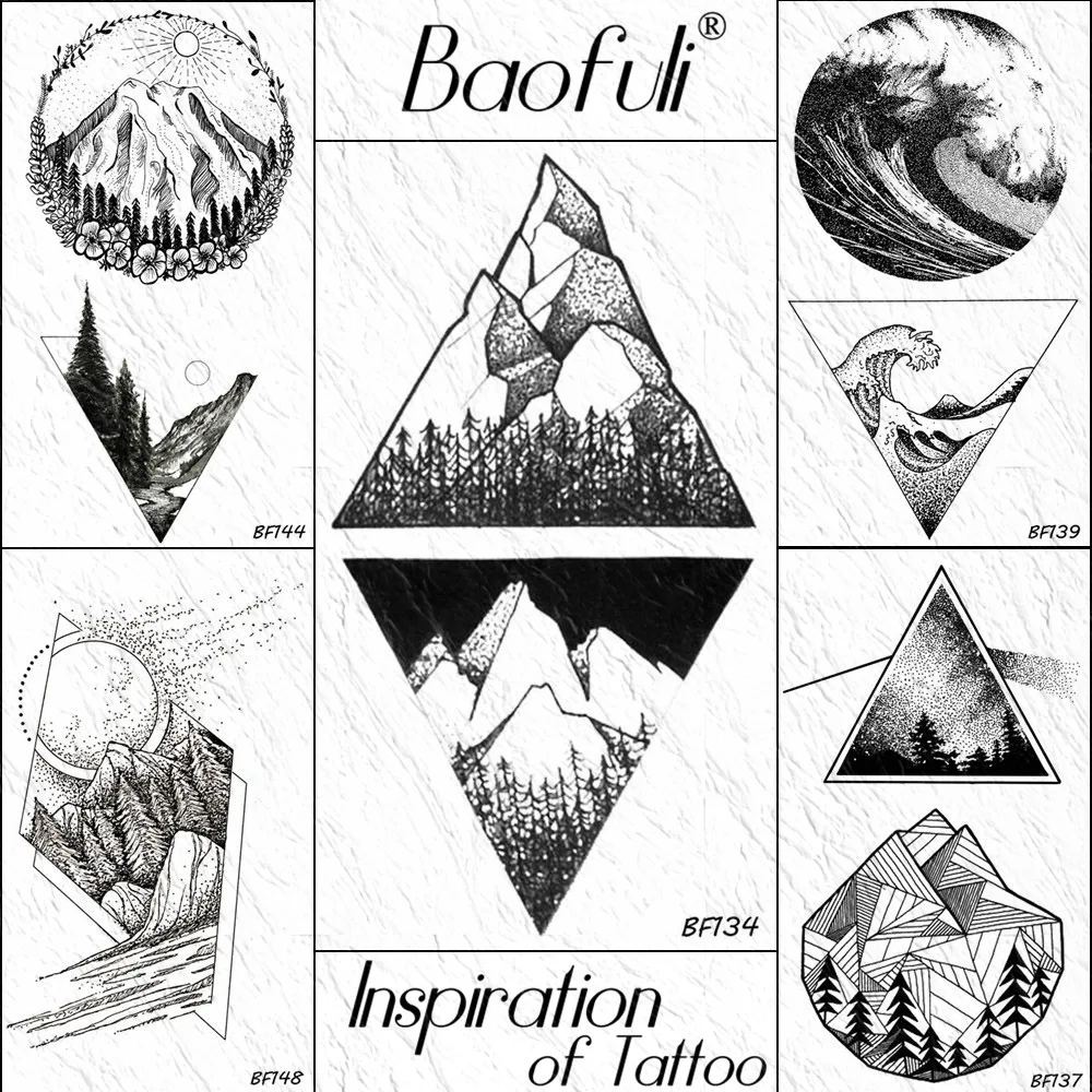 

BAOFULI 3D Geometric Triangle Mountain Temporary Tattoo Sticker Pine Tree Body Art Black Waterproof Tattoos Women Men Fake Tatoo