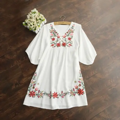 

2019 Hot Sale Vintage 70s Women Mexican Ethnic Embroidered Pessant Hippie Blouse Gypsy Boho Mini Dress Free Shipping