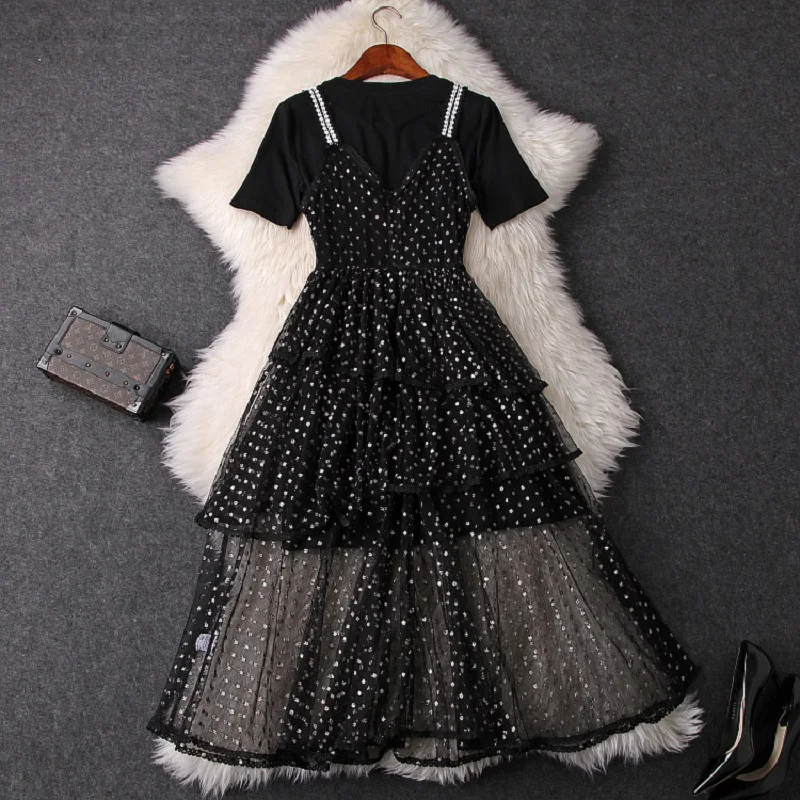 

2019 NEW spring summer Lace party Long T-shirt Gauze cake strap dress xl elegant Ruffles Cute Dress clothing set ladies dresses