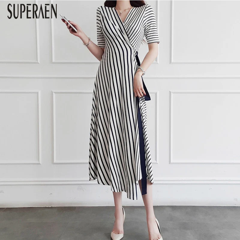 

SuperAen 2019 Summer New Korean Style Women Long Dress Cotton Fashion Wild Ladies Dress Temperament V-neck Striped Women Clothes