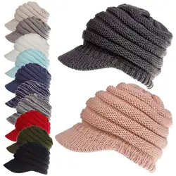 Для женщин стрейч вязать шляпу грязные Бун хвост cap леди зима теплая отверстие Шапка wool Knit Шапки