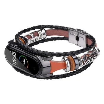 

For Xiaomi Mi Band 4 Bracelet Vintage Leather Beading Strap Replace Braided Wrist Strap Band Smart Watch Accessory#H10