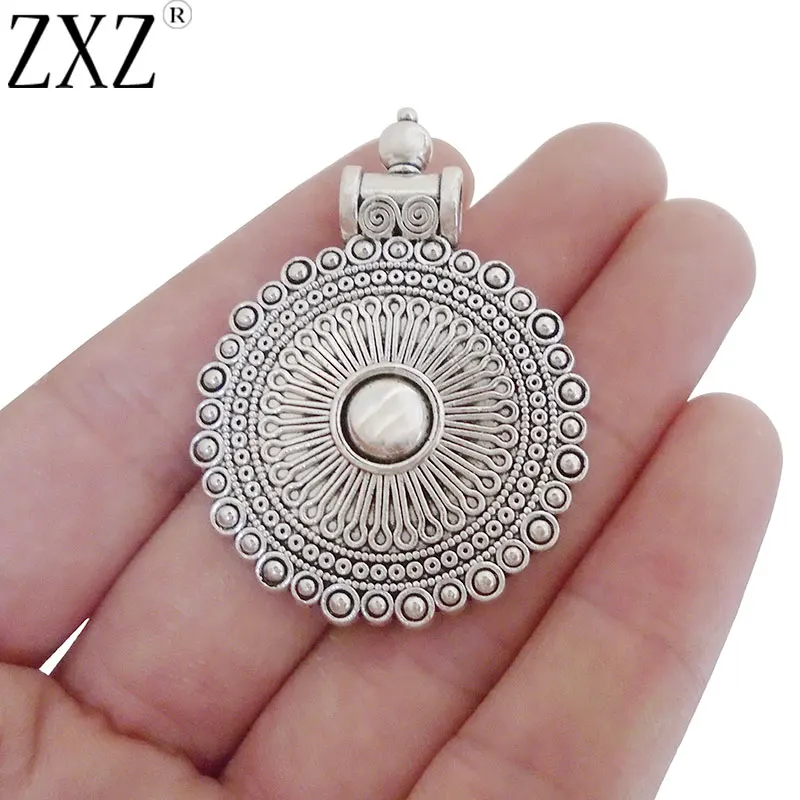

ZXZ 5pcs Antique Silver Tone Round Flower Charms Pendants For DIY Necklace Jewelry Making Finding 48x35mm