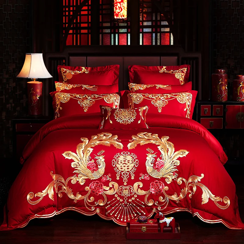 

Luxury Red Wedding Style Gold Phoenix Embroidery Bedding Set 100% Cotton Duvet Cover Bed sheet Bedspread Pillowcases 4/6/9pcs