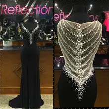 2017 Abendkleid Neue Ankunft Schwarz Meerjungfrau V-ausschnitt Zurück Sheer Perlen Perlen Höhe Aufgeschlitzte Chiffon-Lange Schwarze Formale Party Kleider