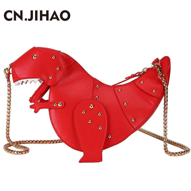 

JI HAO Personality Design Mini Crossbody Bag Women Dinosaur cartoon Female messenger bag Girl Leather Rivet Chain Shoulder Bags