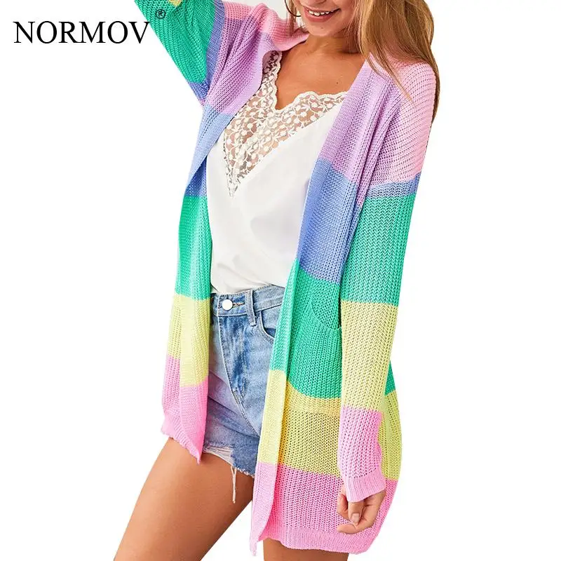 

NORMOV Rainbow Sweater Long Cardigan Women Long Knitted Sweater Women Knitted Female Winter Clothes Women