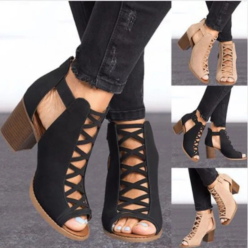 

Summer New Sexy Women Sandals High-heel Shoes Woman Fashion Rome Fish Mouth Hoof Heels Hollow Large Size 35-43 Casual Shoes