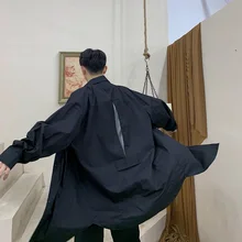 Мужские японские темно-Черные Длинные Стильные повседневные черно-белые рубашки, уличная одежда в стиле панк, хип-хоп, мужские рубашки с длинным рукавом