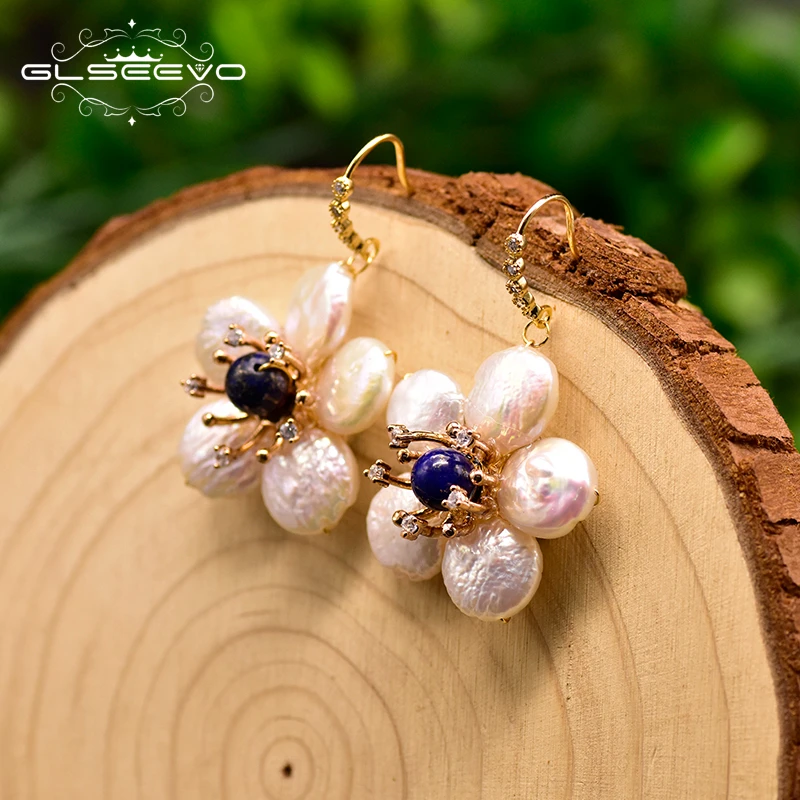 

GLSEEVO Natural Fresh Water Pearl Flower Drop Earrings For Women Ladies Natural Lapis Lazuli Dangle Earrings Fine Jewelry GE0808