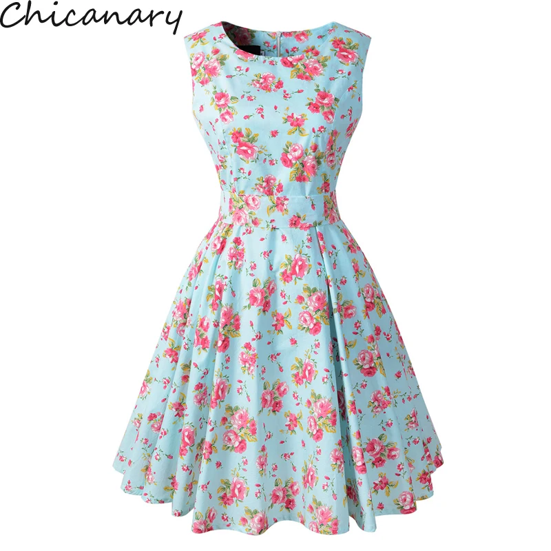 Chicanary Floral Printed Vintage Dresses Sleeveless Audrey Hepburn Ladies O-Neck Party Swing Dress Plus Size Vestidos | Женская одежда