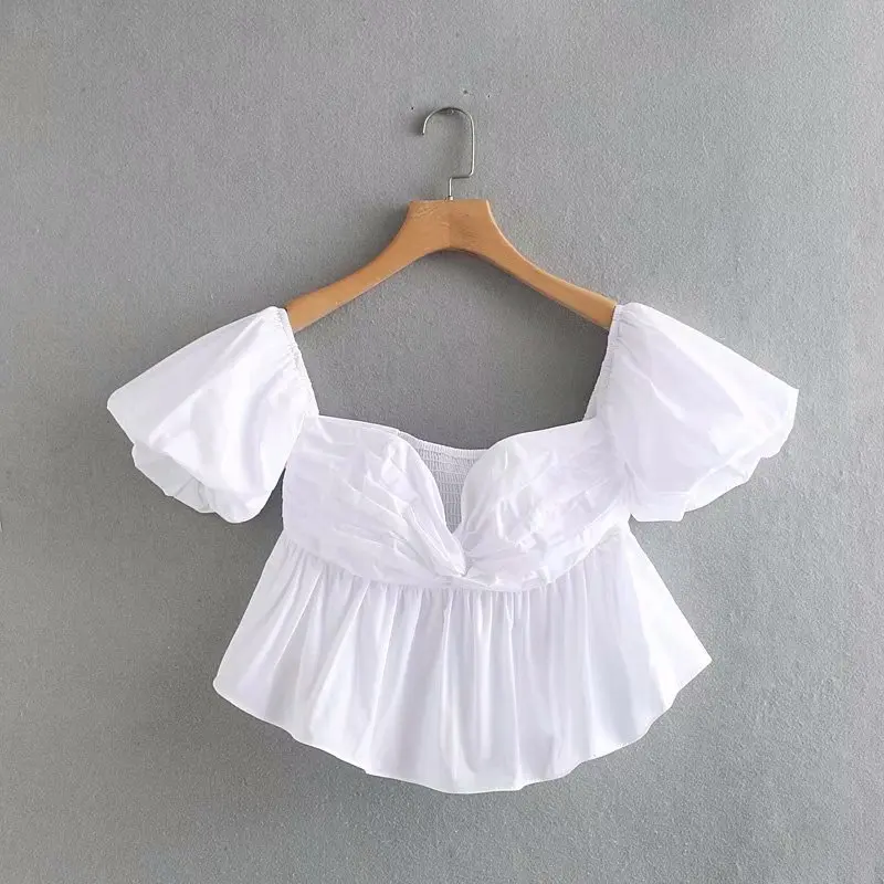 

CS606 Women Square neck Pleated Short White Blouse Summer Beach Shirts Back Elastic Tops