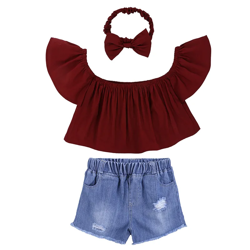 Cute girl bow red word shoulder suit sleeveless solid color shirt bow headband suit summer clothing set infant girl clothing Cute girl bow red word shoulder suit sleeveless solid color shirt bow headband suit summer clothing set infant girl clothing