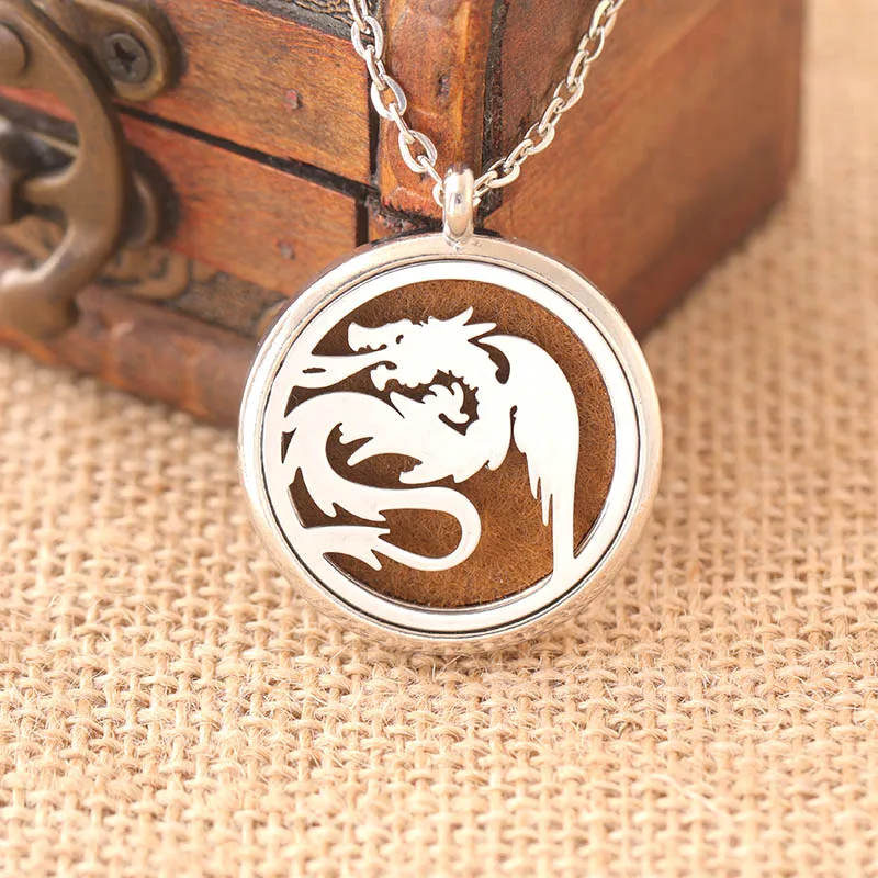 

New Chinese Dragon Stainless Steel Metal Essential Oil Aromatherapy Box Pendant Fashion Necklace Jewelry +60cm Chain 1 felt