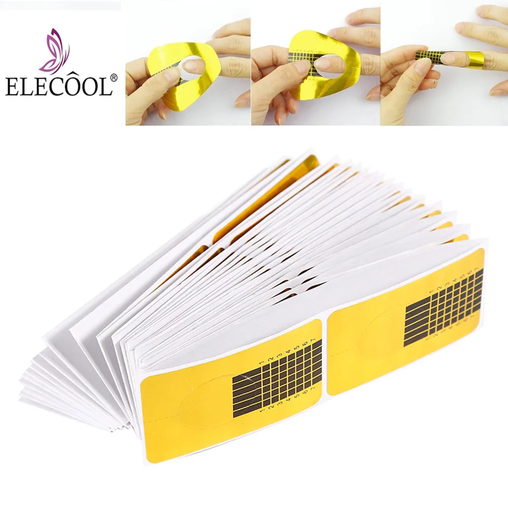 

ELECOOL 100pcs/50pcs Golden Nail Forms Acrylic Curve Nail Art Tips Nail Extension Forms Guide Sticker Nail Art Sculpting Tools