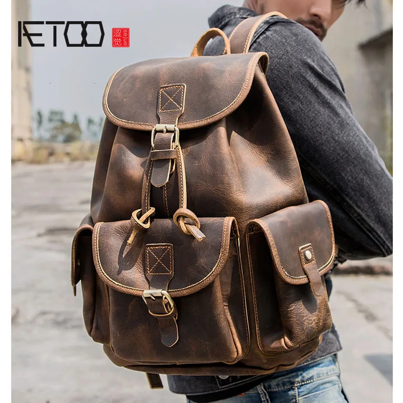 

BJYL Men's handmade retro crazy horse leather shoulder bag first layer cowhide large capacity backpack female travel bag litera