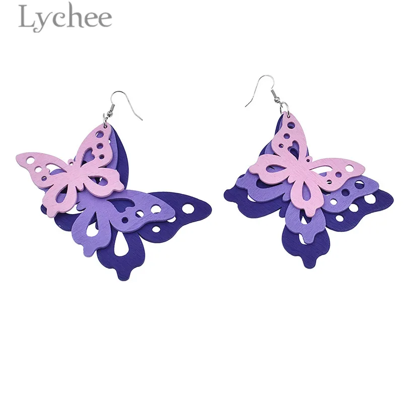 

Lychee 1 Pair Wood Multi-layers Hollow Butterfly Women Drop Earrings Gradient Colors Dangle Earrings Female Ear Jewelry