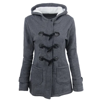 

2018 Autumn and Winter for lady fashion hooded coats casual horn button womens outerwear zipper slim womens thick with jackets