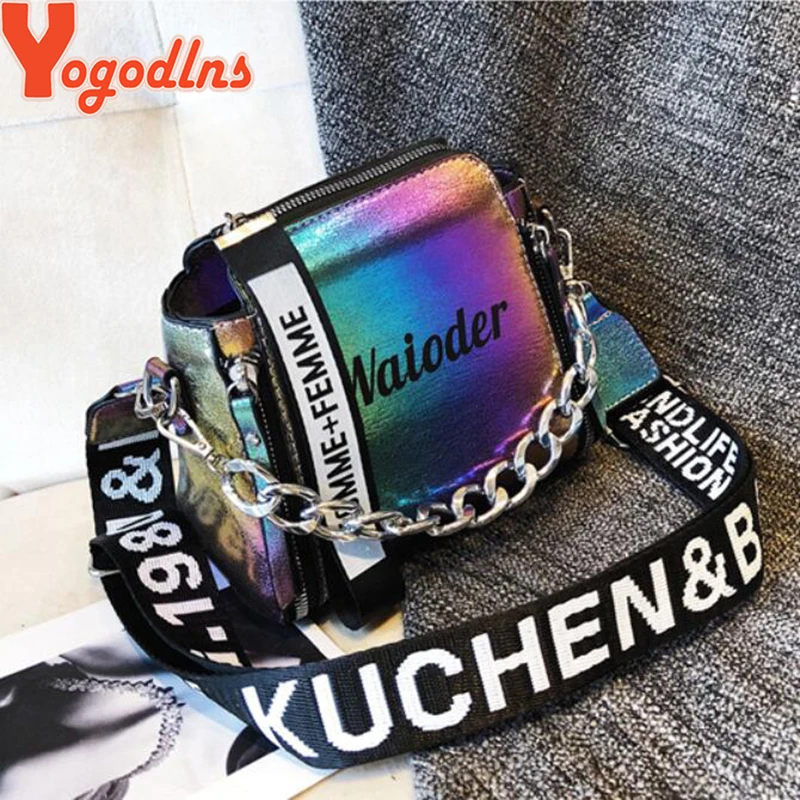 Yogodlns الليزر المرأة أكياس الأزياء الفاخرة شنطة كتف سلاسل Crossbody حقيبة المرأة 2019 إلكتروني البسيطة رفرف محفظة بولسا الأنثوية
