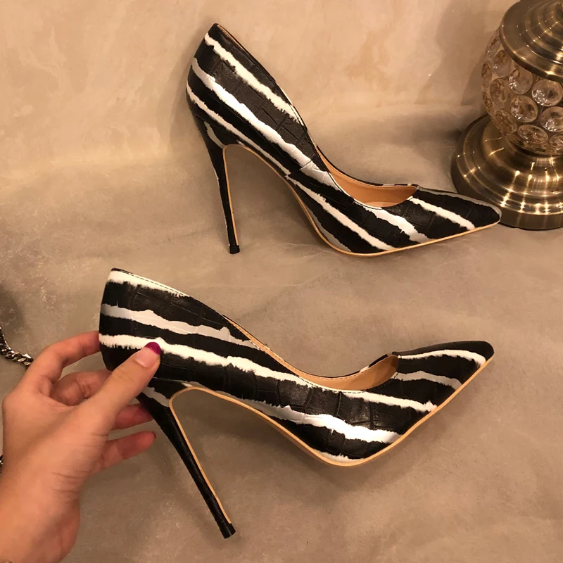 

Free shipping fashion women Designer Brand New black silver stripe point toe high heels pumps shoes Stiletto 12cm 10cm 8cm
