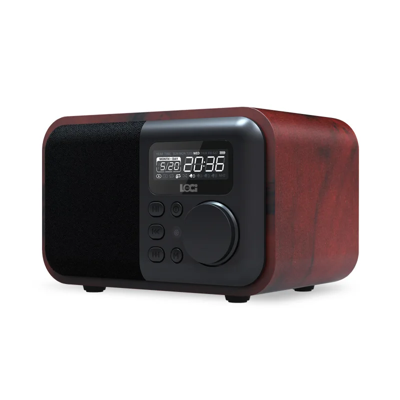 

Wooden Multimedia Mini Alarm Clock Small Audio Subwoofer Bluetooth Speaker Card Radio with Microphone Loudspeaker Supported