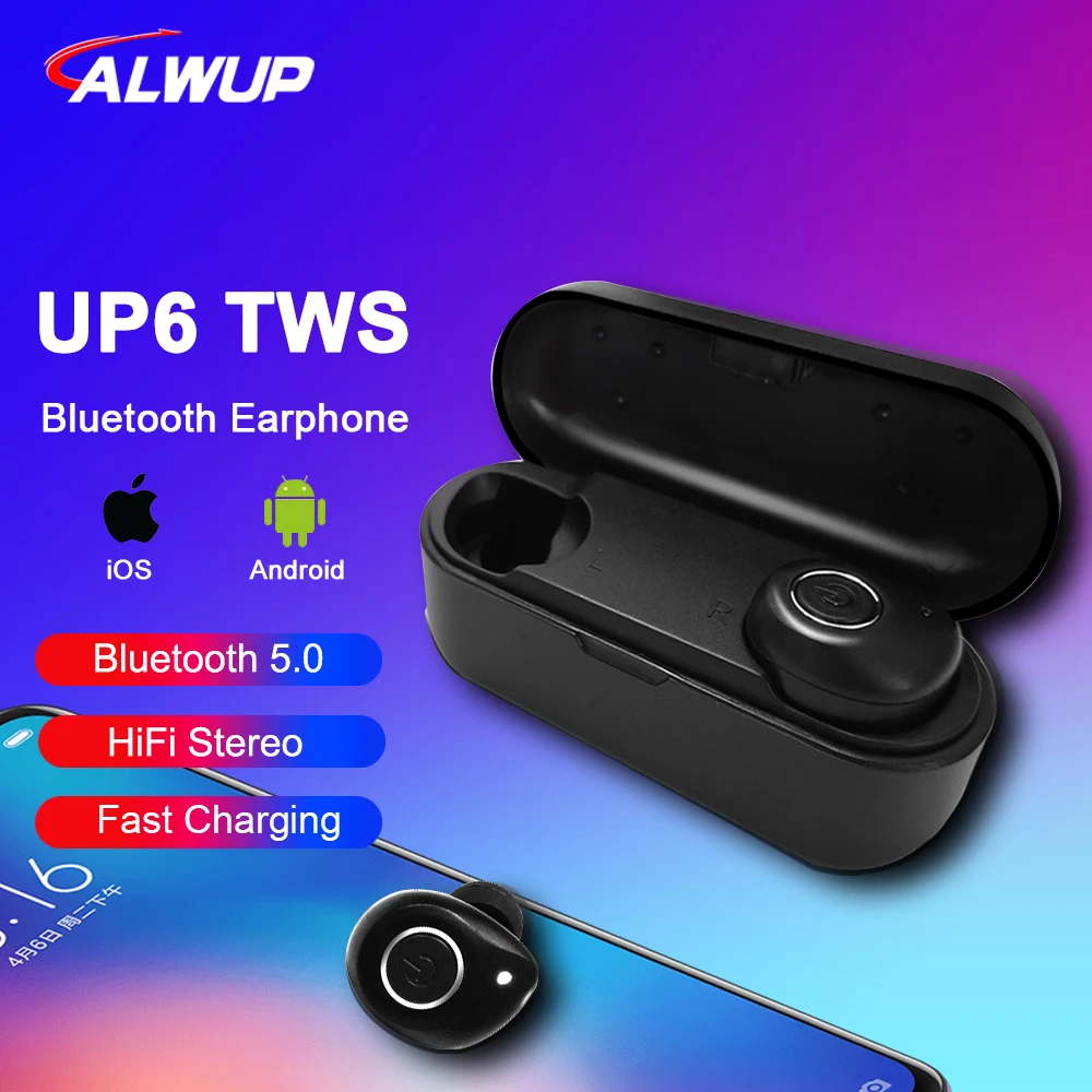 

UP6 Wireless Headphones TWS Bluetooth 5.0 Earphone Stereo Headset IPX5 Waterproof Sport Earbuds with Dual microphone for Phone