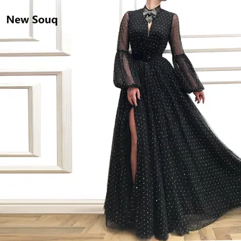 

Black Side Split A-Line Evening Dresses Robe De Soiree Long Sleeves 2019 Prom Dress Vestido De Gala Evening Gowns