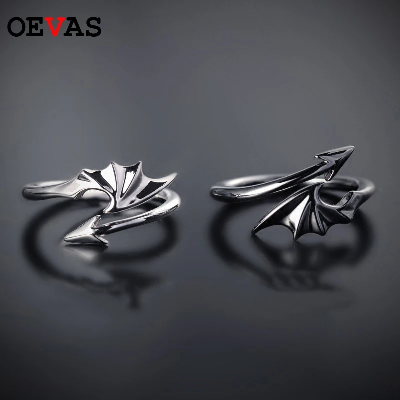 

OEVAS Fashion Devil's Wing lovers' rings for women and man Silver Black colors Simple brand Engagement ring Resizable Jewelry