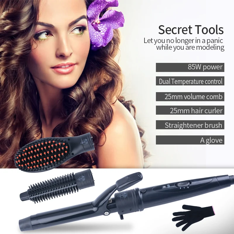 

3-in-1 Interchangeable Tourmaline Ceramic Hair Curler+Volume Comb+Hair Straightener Brush Hair Styling Tool Set with glove 4243