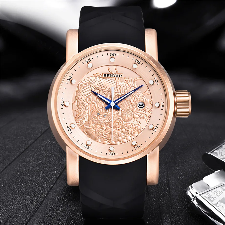 BENYAR Men Wristwatches 3D Chinese Dragon Carving Dial and Band Date Display Waterproof 30m Business Quartz Watch heren horloge (13)